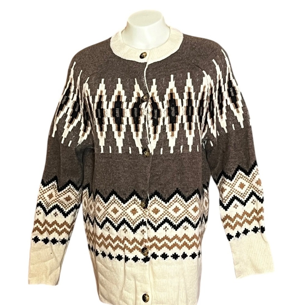 J. Crew Brown Cream Fair Isle Geometric Knit Cardigan